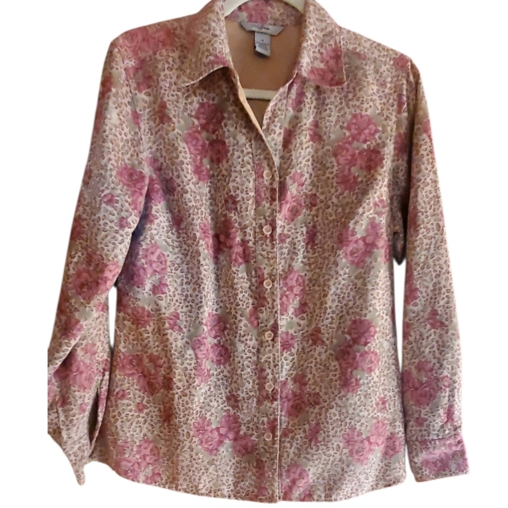 I B Diffusion L/S Floral Tan & Rose Button Front Suede Look Blouse Size Medium